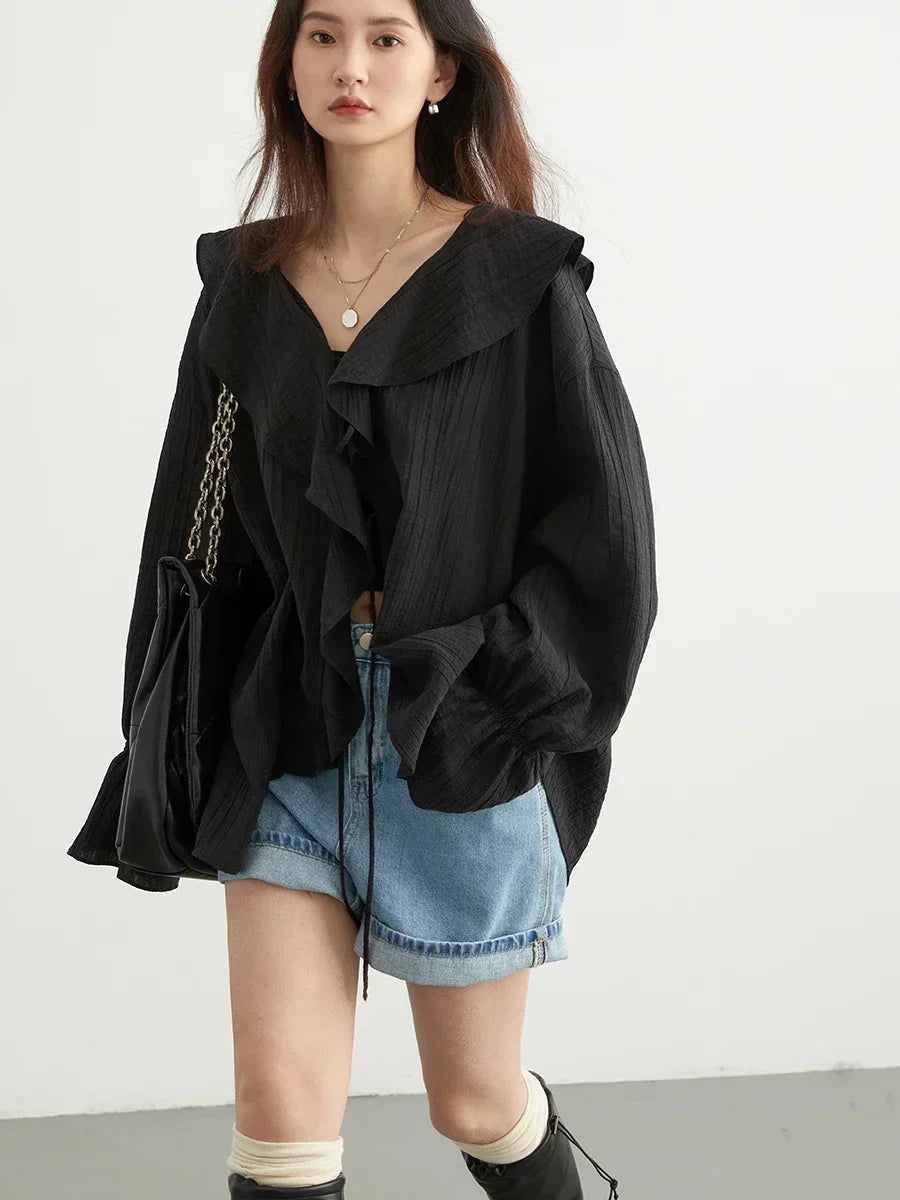 CHIC VEN Women Shirt Loose Casual Ruffled Edges Female Blouses V Neck Lace Up Mid Length Woman Shirts Spring Summer 2026 Quick Pick Grocers